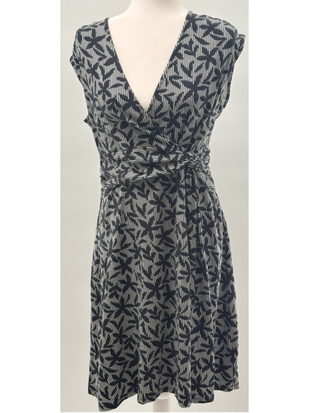 Lands' End Black White Floral Stripe Faux Wrap Twist Front Dress Medium 10-12